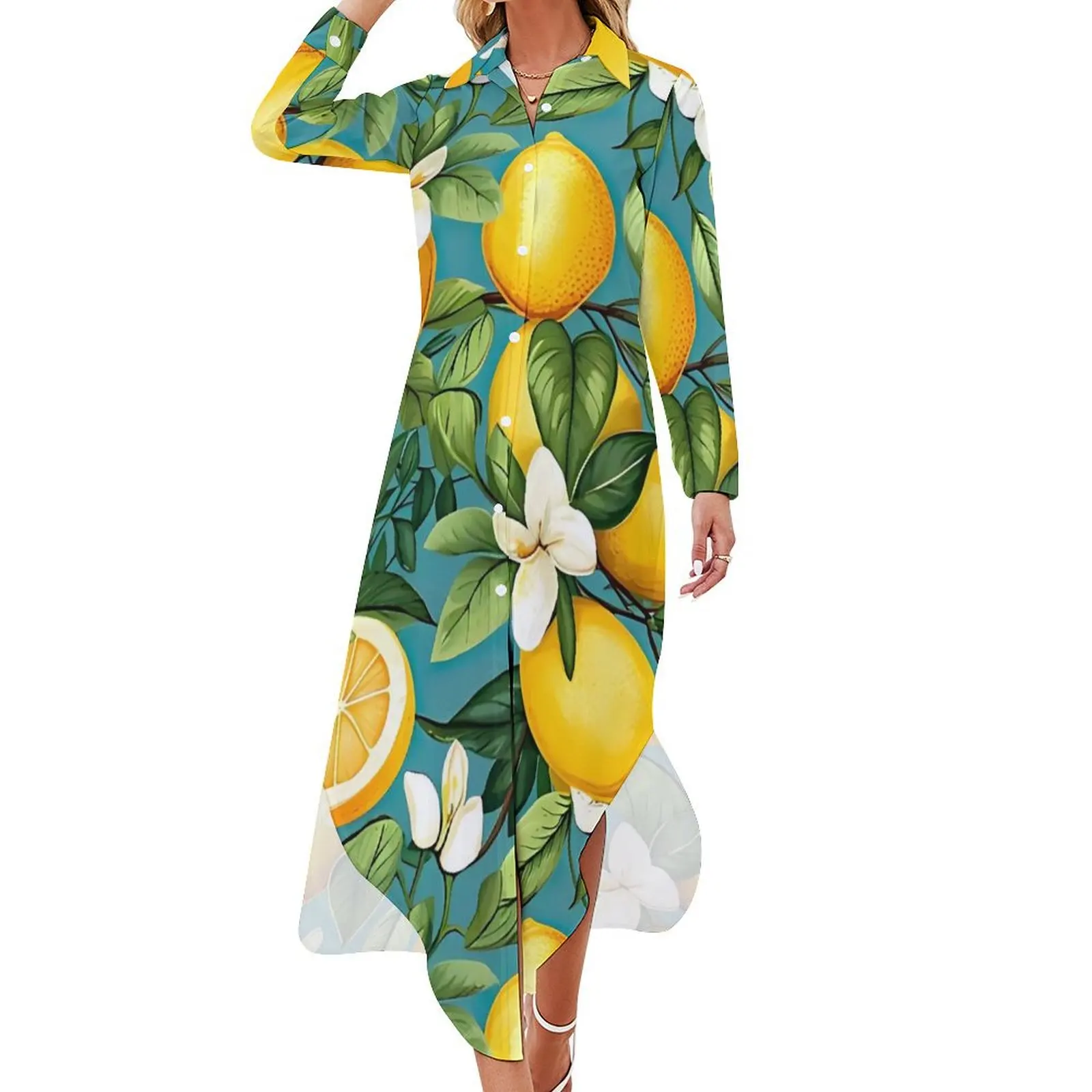 Lemons in Tropical Leaves Casual Dress Fruit Print Stylish Dresses Sexy V Neck Festival Chiffon Dress Long Sleeve Vestido