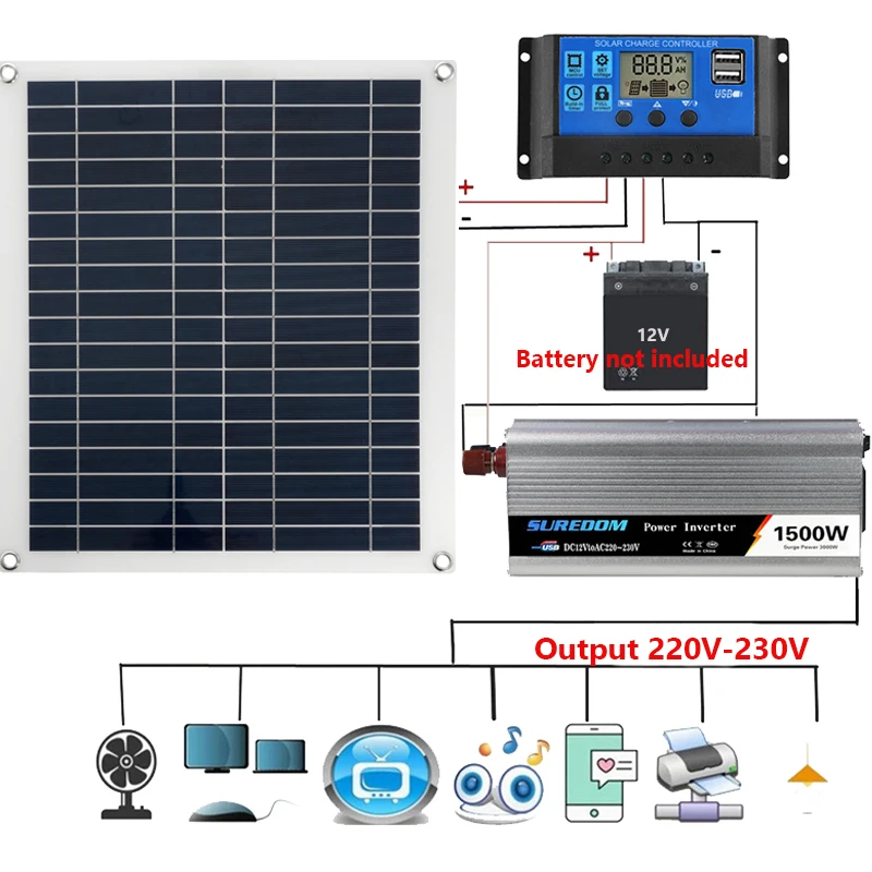 Układ energii słonecznej 12V do 220V 50W Panel słoneczny Kontroler ładowania akumulatora 800W 1000W Falownik słoneczny Kompletny zestaw do