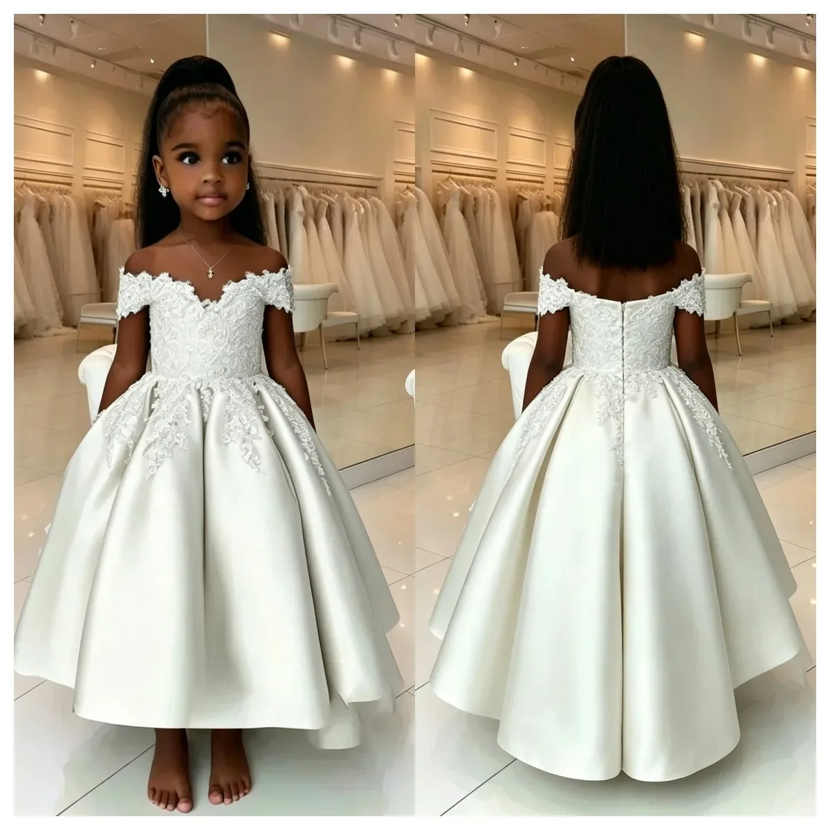Maßgeschneidertes Großhandels-Elfenbein-Blumenmädchenkleid für Hochzeiten, Puffiges Satin-Spitzenapplikations-Kinderkleid für Geburtstagsfeiern, Erstkommunion, Ballkleid – Detail 3