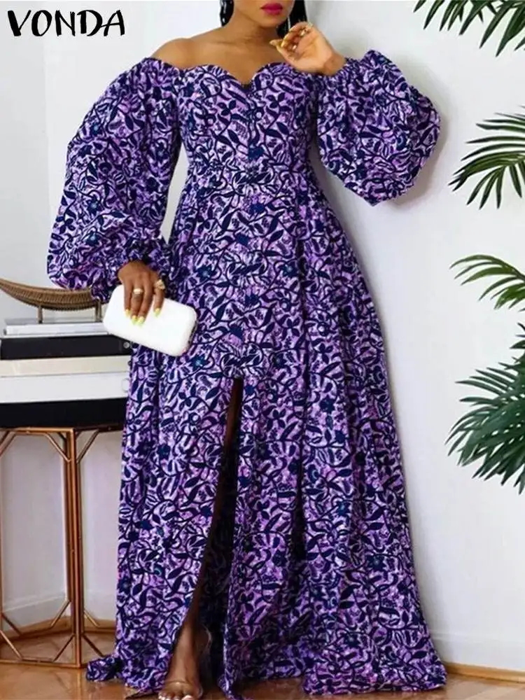 Plus rozmiar 5XL VONDA Off The Shoulder Maxi Dress Women Bohemian Puff Sleeve Floor-Length Printed Vestidos 2024 Casual Robe