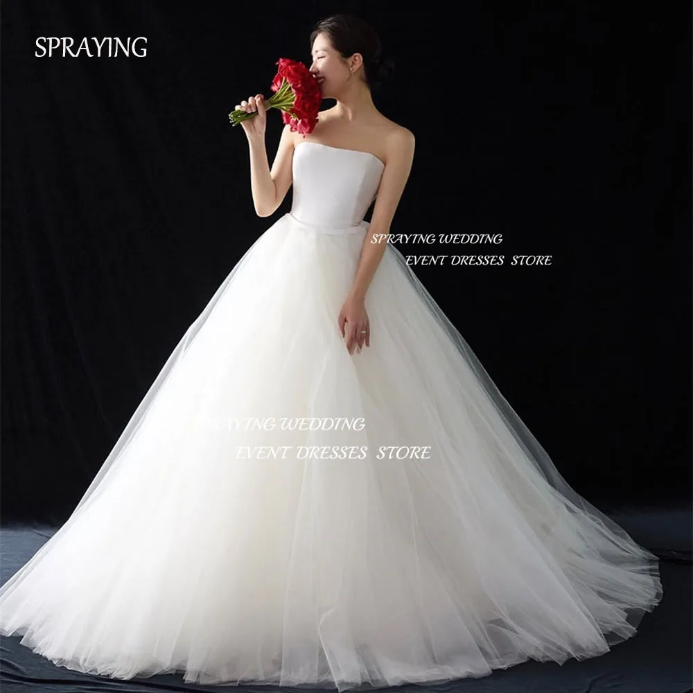 

SPRAYING Ivory Strapless Satin Korea Wedding Photo Shoot Dresses A line Tulle Floor Lengt Corset Bridal Gowns 웨딩드레스 Customized