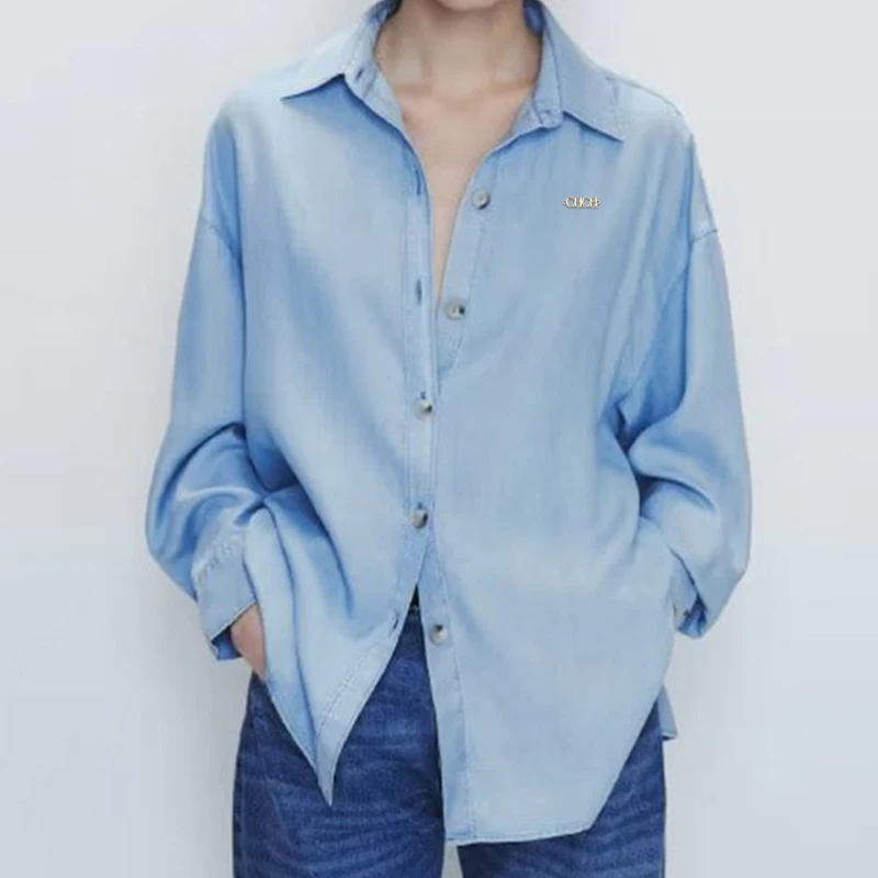 

Women's Shirts New Fashion Casual Washed Denim Blue Female Blouses Loose Vintage Spring Autumn Design Turn-Down Collar Lady Tops