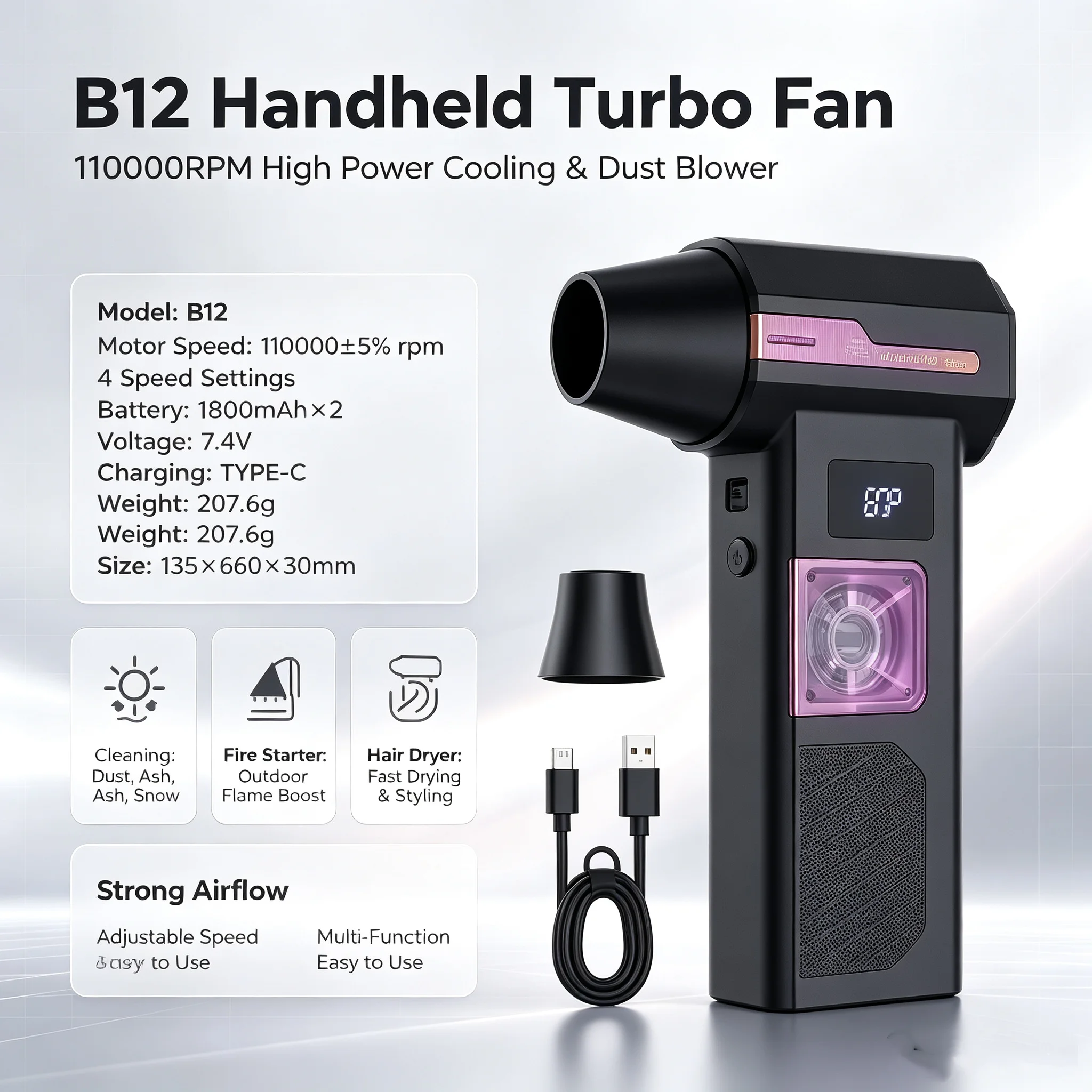 Powerful Handheld Turbo Jet Fan USB C Rechargeable Portable Mini Cooling Fan With 5 Nozzles Multifunctional Car Dust Blower Outd