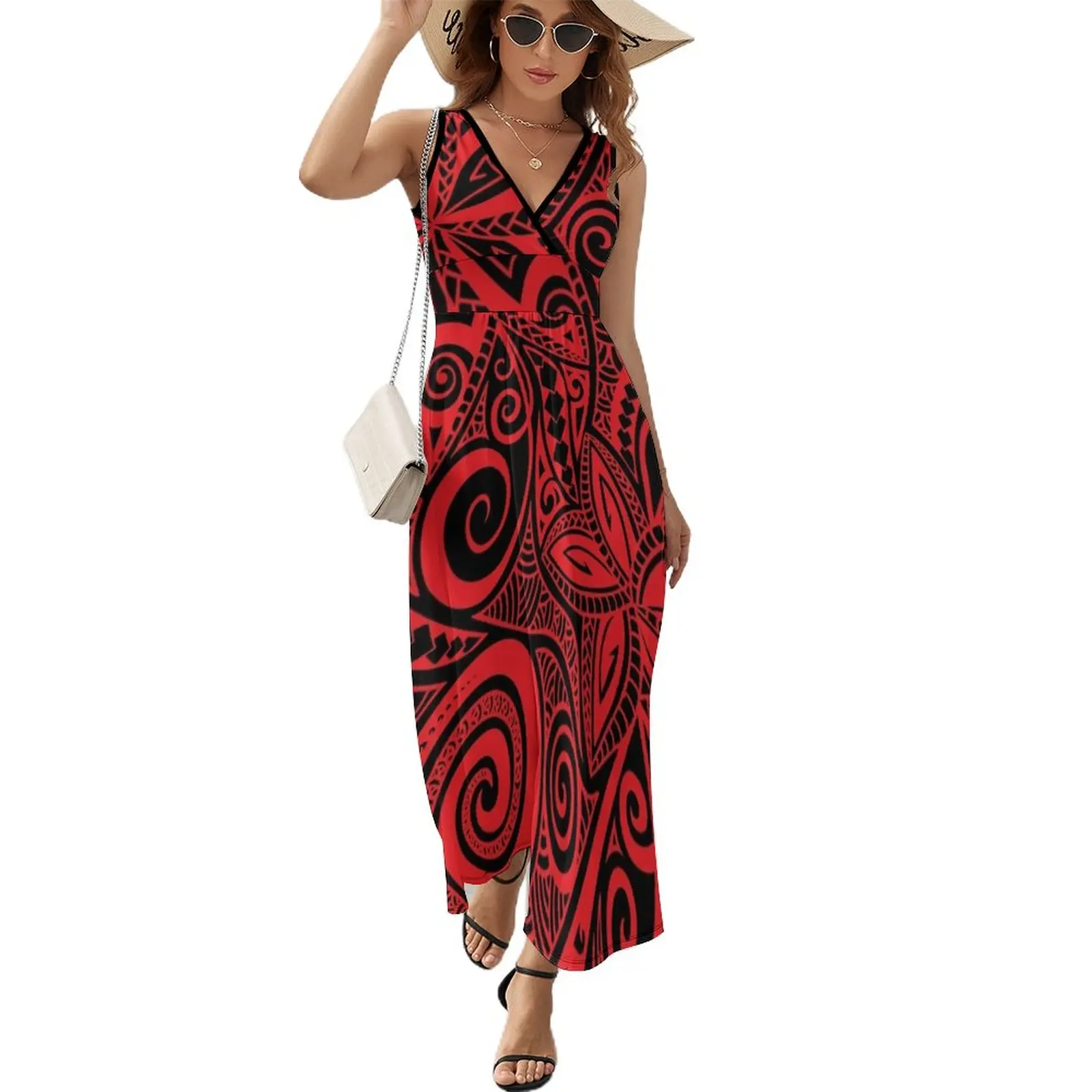 

Red black Polynesian floral design Sleeveless Dress Womens dresses Beachwear woman dress