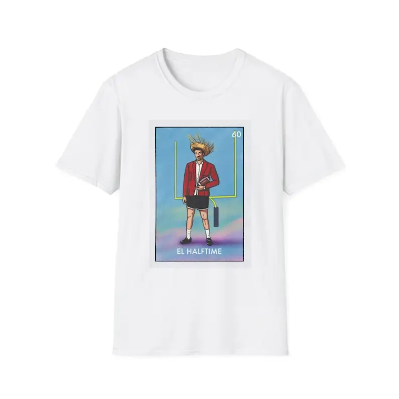 Bad Bunny El Halftime Vintage Trading Card T-Shirt: White Base with Sports-Themed Graphic & Artist Style Design Fan Merch