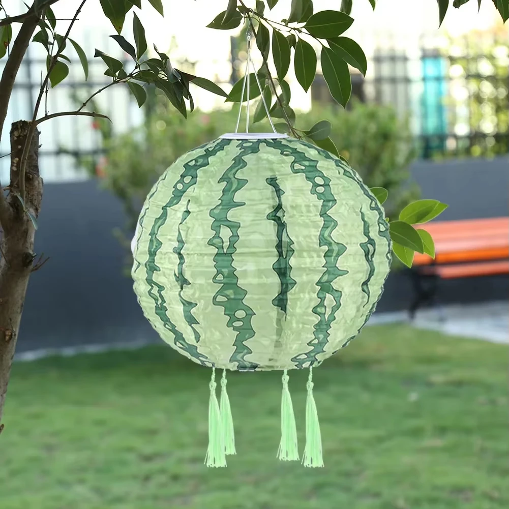Lamp, Solar Printed Lantern, Chinese Round HangingWaterproof Nylon LED Light, Outdoor Garden Party Decoration, 12