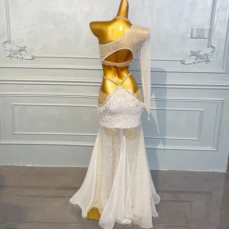 Kostium wydajnościowy BellyDance damski dostosowany lekki luksusowy AB kamienie frędzle szyfonowy zestaw odzież na konkurs tańca orientalnego — zdjęcie 3