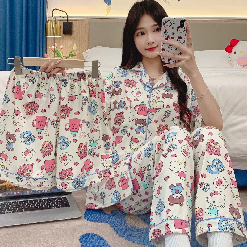 Kawaii Hello Kitty Pajamas Trousers Shorts Three Piece Set MINISO Anime Cinnamoroll Lovely Girl Student Sweet  Leisure Wear New