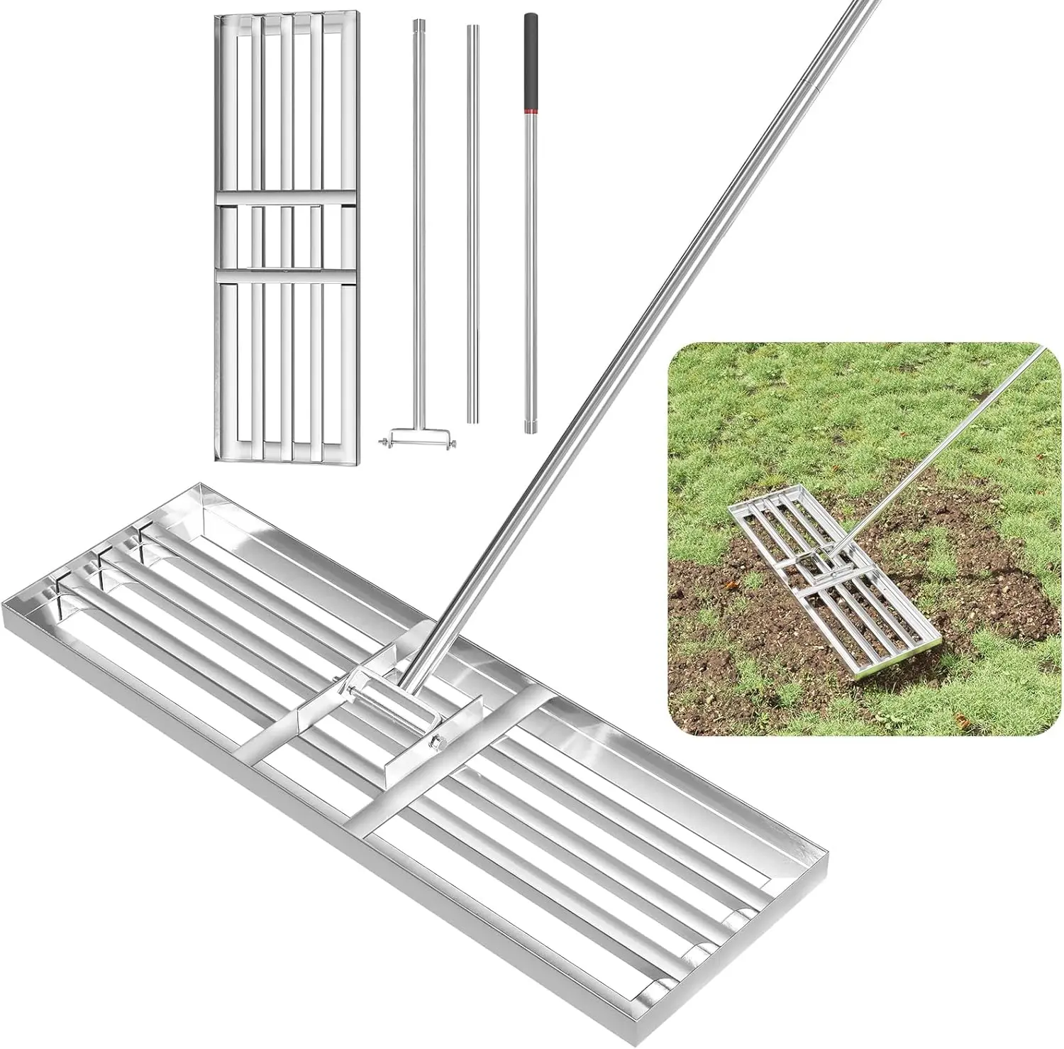 

Lawn Leveling Rake 30" x 10", Heavy-Duty Stainless Steel Lawn Leveler with 78" Handle, for Soil, Sand, Yard & Garden