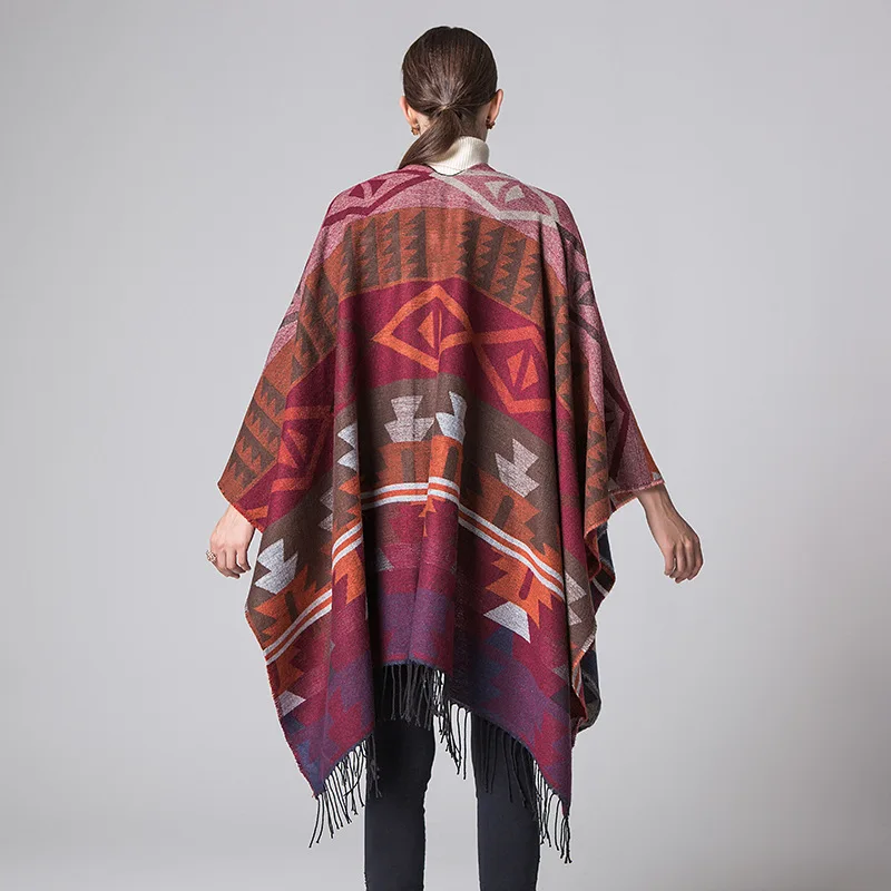 Autumn Winter Indian Geometric Diamond Lengthened Thickened Cashmere Imitation National Style Travel Fork Cape Ponchos Capes