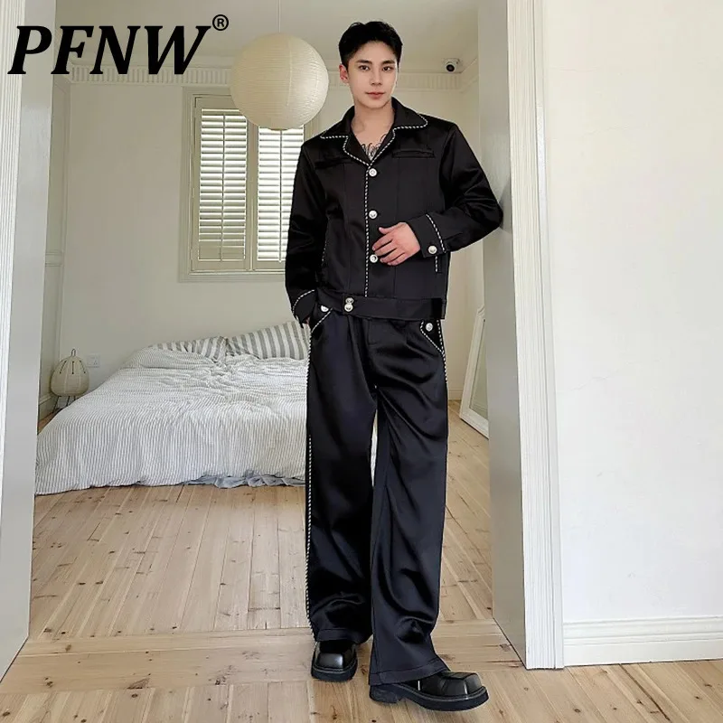 

PFNW Koean Style Men's Sets Single Breasted Contrast Color Jackets Straight Wide Leg Loose Trousers New Autumn 2024 9C7243