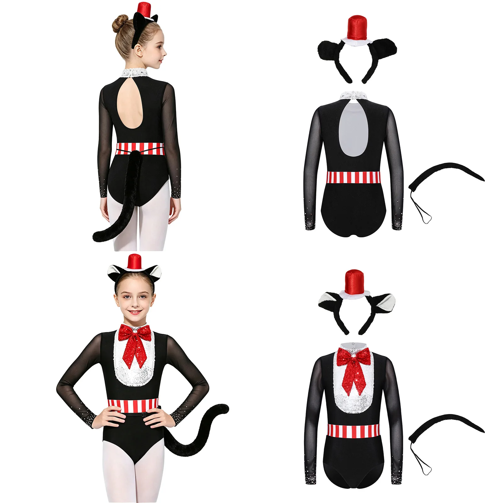 Maillot de Ballet, Gimnasia y Danza de Manga Larga con Lazo, Lentejuelas y Malla, Traje de Entrenamiento con Diadema y Cola Falsa, Disfraz de Bailarina