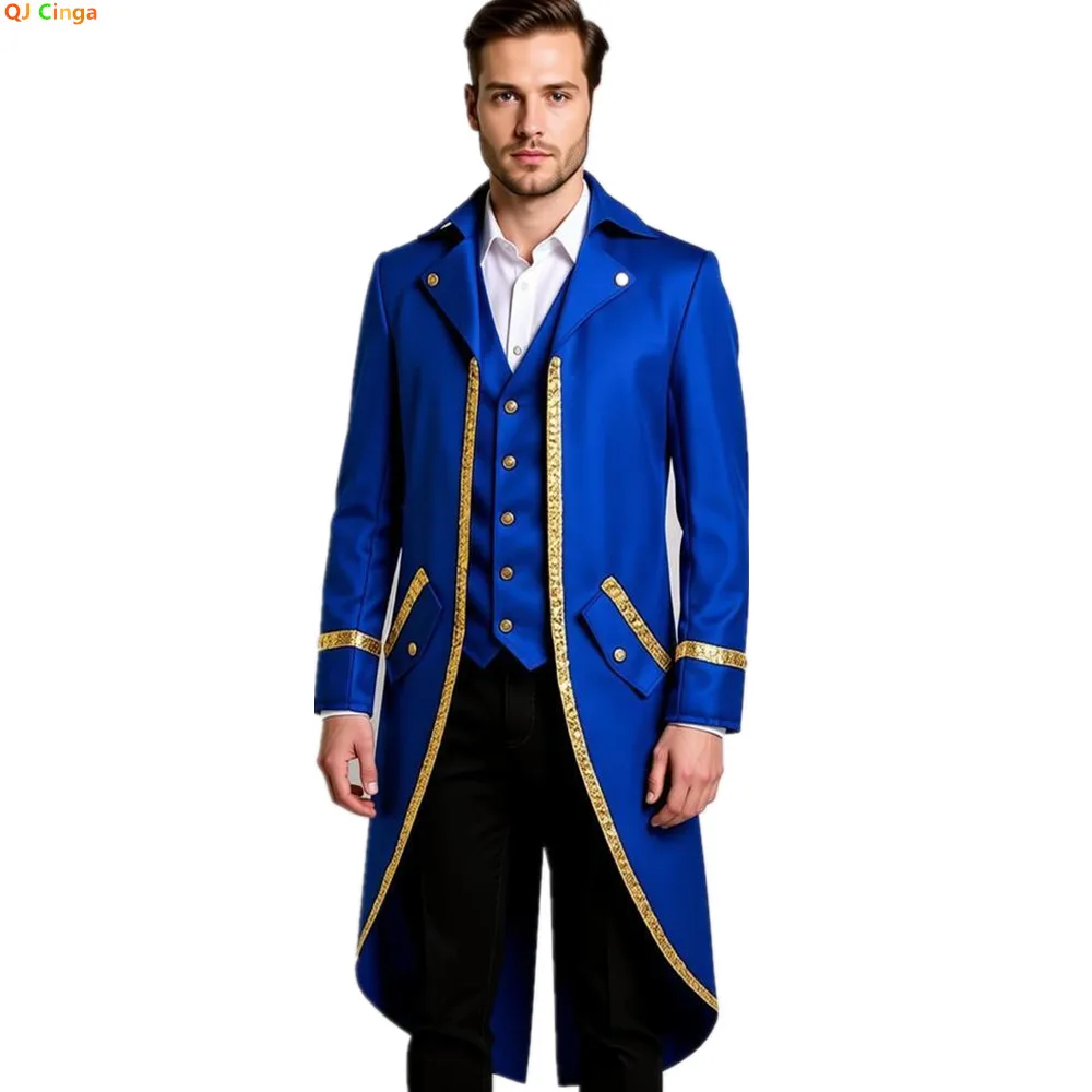 

Men's Blue Halloween Trench Coat, Gold-trimmed Tailcoat with Patchwork Detailing, Medieval Mid-length Jacket, Punk-style Tops