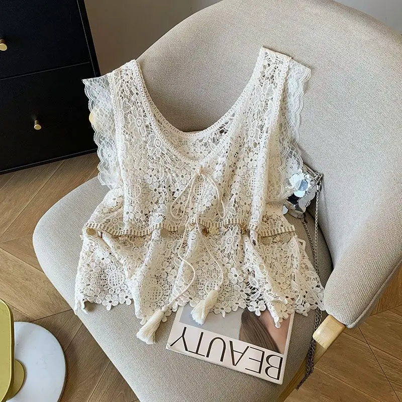

Женский летний кружевной жилет с короткими рукавами, топ в богемном стиле для отпуска, французский вязаный крючком кружевной ремень