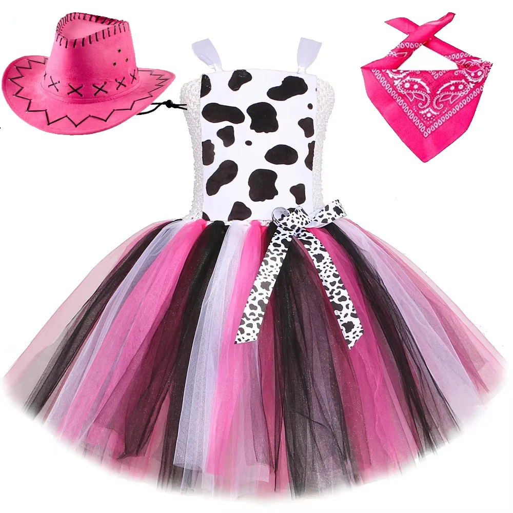 Princess Cowgirl Costumes with Hat Kids Animal Cow Halloween Dresses with Ears Bowtie Tail Baby Girls Birthday New Years Outfit