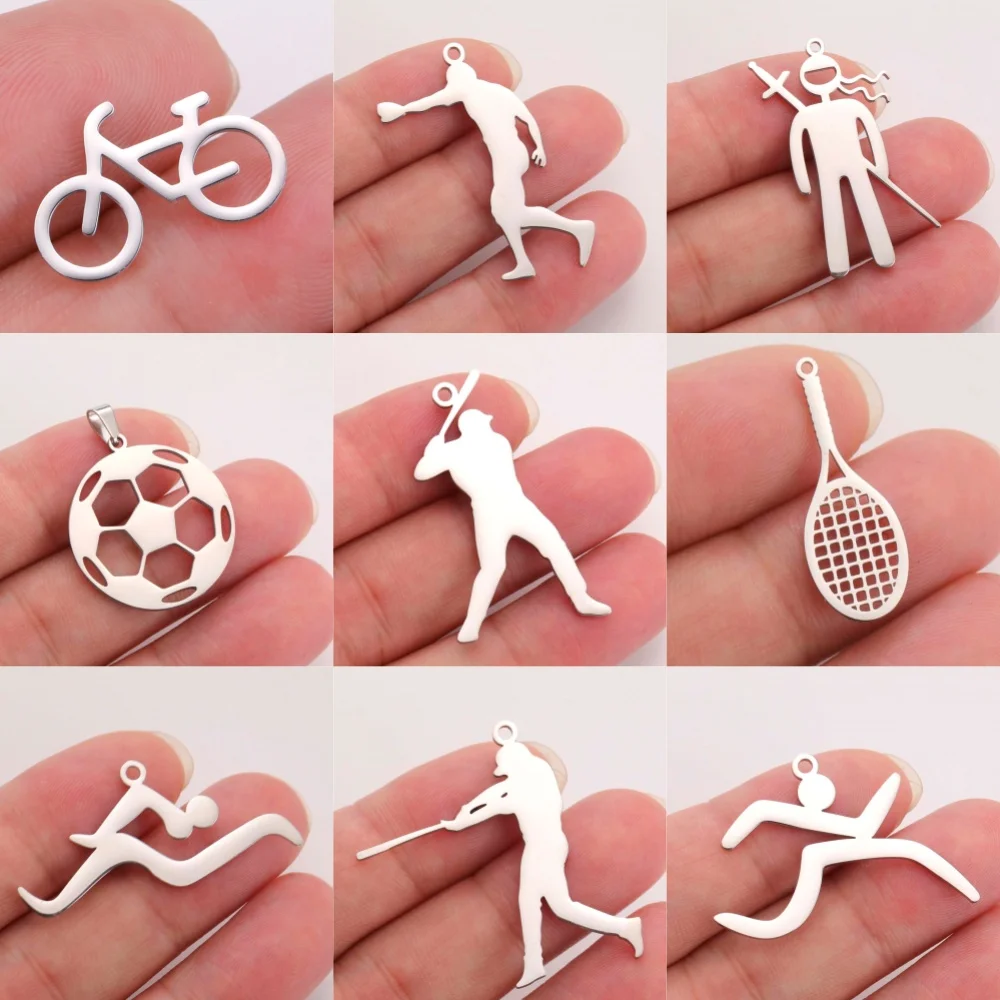 EUEAVAN 5pcs Sports Stainless Steel Pendant Tennis Racket Baseball Player Football Bicycle Charms Necklace Jewelry Making DIY