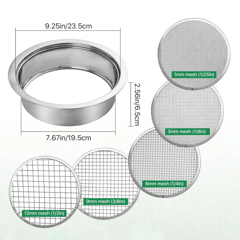 

24cm Soil Sifter Set Stainless Steel Sieve Frame With 5 Mesh Sieve Pans Rustproof Garden Sieve Kit For Stones Weeds Filtration