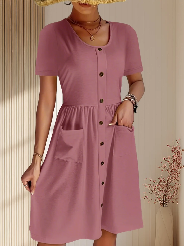 Women Short Sleeve Shirt Dress With Pockets Elegant Dresses Temperament Short Sleeve Skirt 2025 Fashion New Arrival Hot Sale