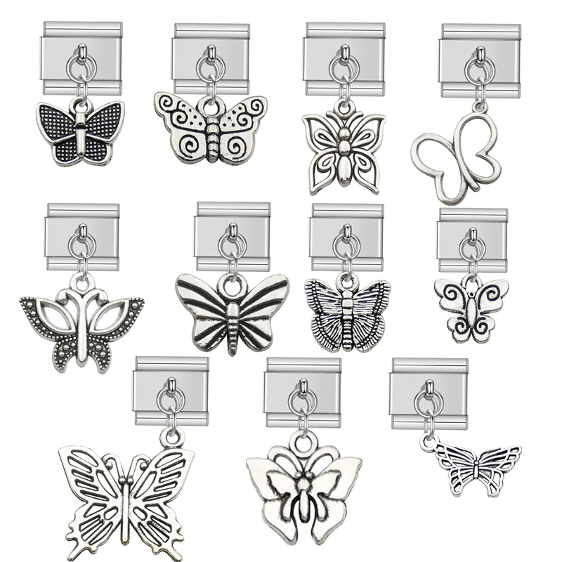 Vintage Butterfly Tassels Pendant Italian Charm Bracelets Kit Links 9mm Stainless Steel Bangle diy Accessories Jewelry Making