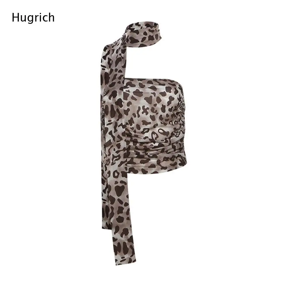 Leopard Print Tube Top for Women with Matching Neck Scarf Ruched Front Cropped Wrap Style Sleeveless