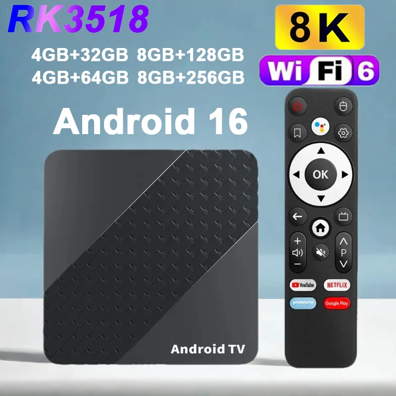 2026 Android16 TV Box X10 RK3518 يدعم 2.4&5G Dual Wifi6 BT5.4 صوت عن بعد 4K 8K فيديو 32G 64G 128G 256G Netflix Media Player