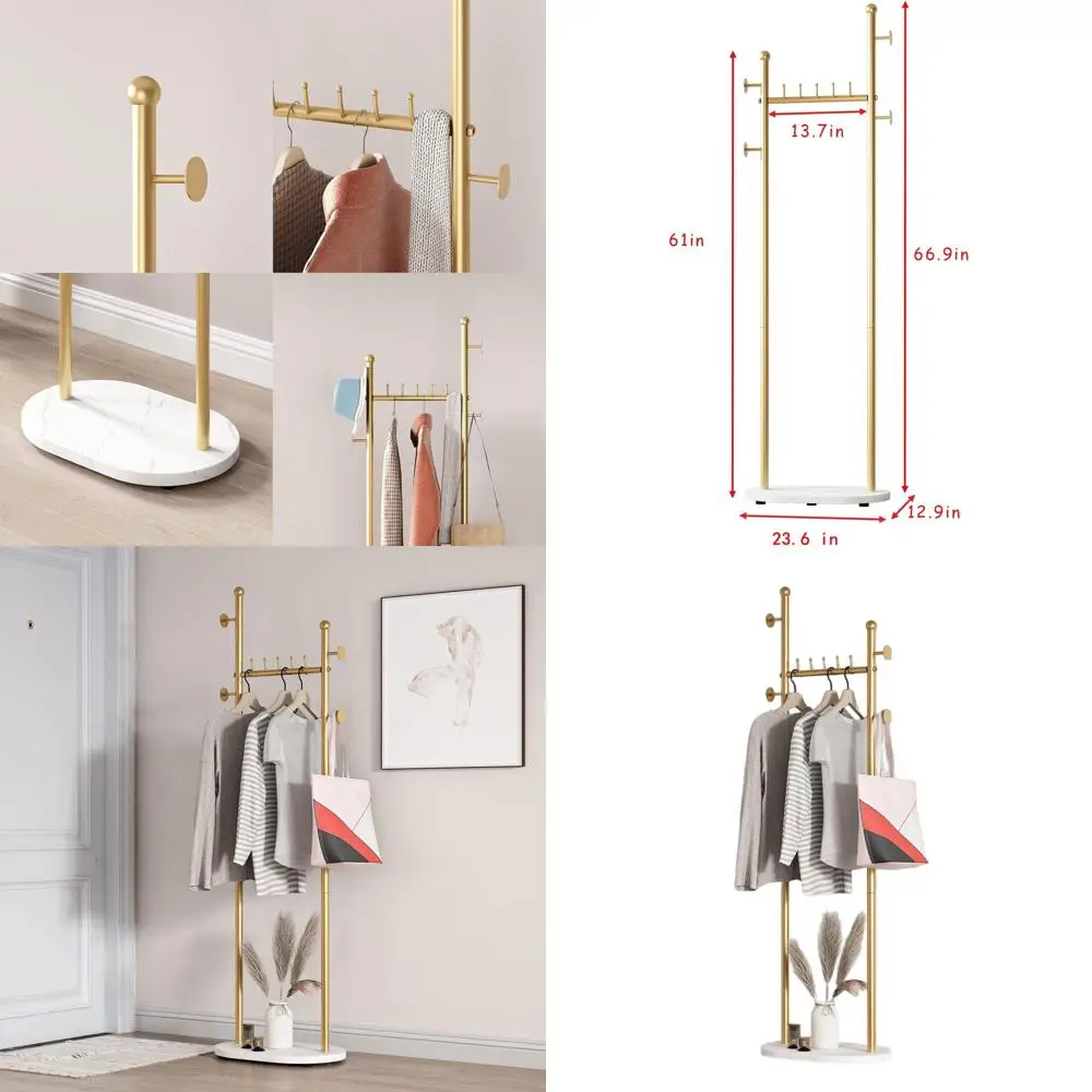 

Stylish Gold Coat Rack with Shelves and Marble Base for Home and Boutique Use