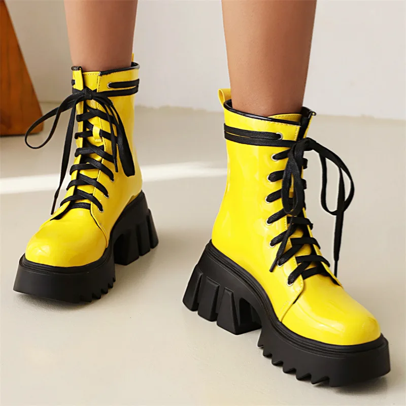 Botas de moto con cordones delanteros de estilo Punk para mujer, tacón alto, plataforma, botas de caballero adelgazantes, pierna baja, talla grande