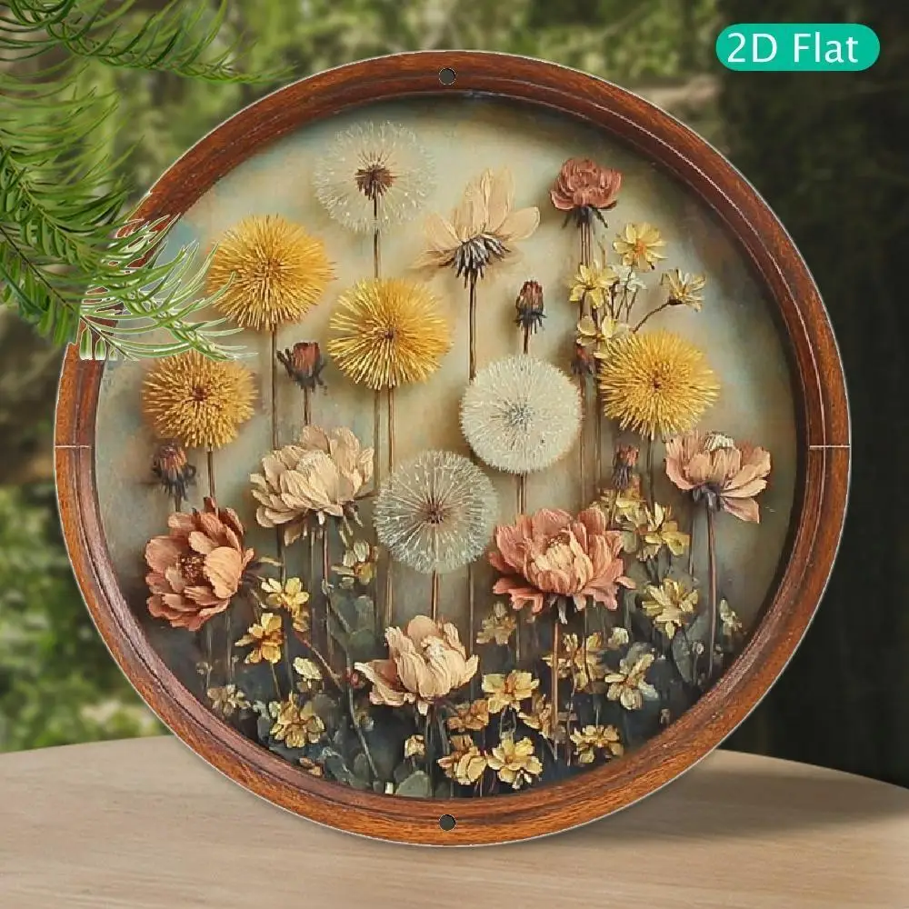 2D Flat, 2D Canvas - Retro Dandelion Pattern Round Wall Art. This 2D Flat Wall Decoration Is a Single Piece, Suitable for Enhanc