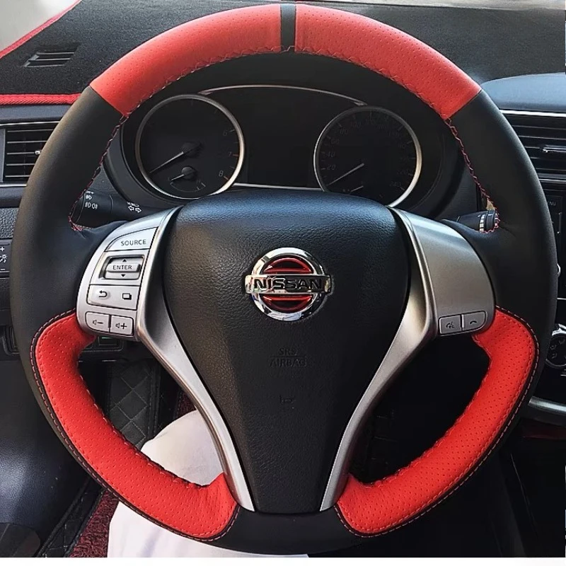 

Чехол на руль из натуральной кожи ручной работы, черно-красный, противоскользящий, для Nissan Teana Altima 2013-2018, X-Trail 2014-2017