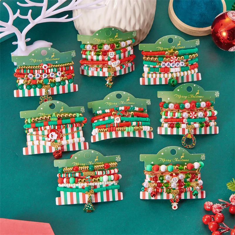 

5PCs Santa Christmas Tree Gift Snowflake Snowman Pendant Stackable Elastic Bracelet Christmas Bracelet Women's Men's Jewelry
