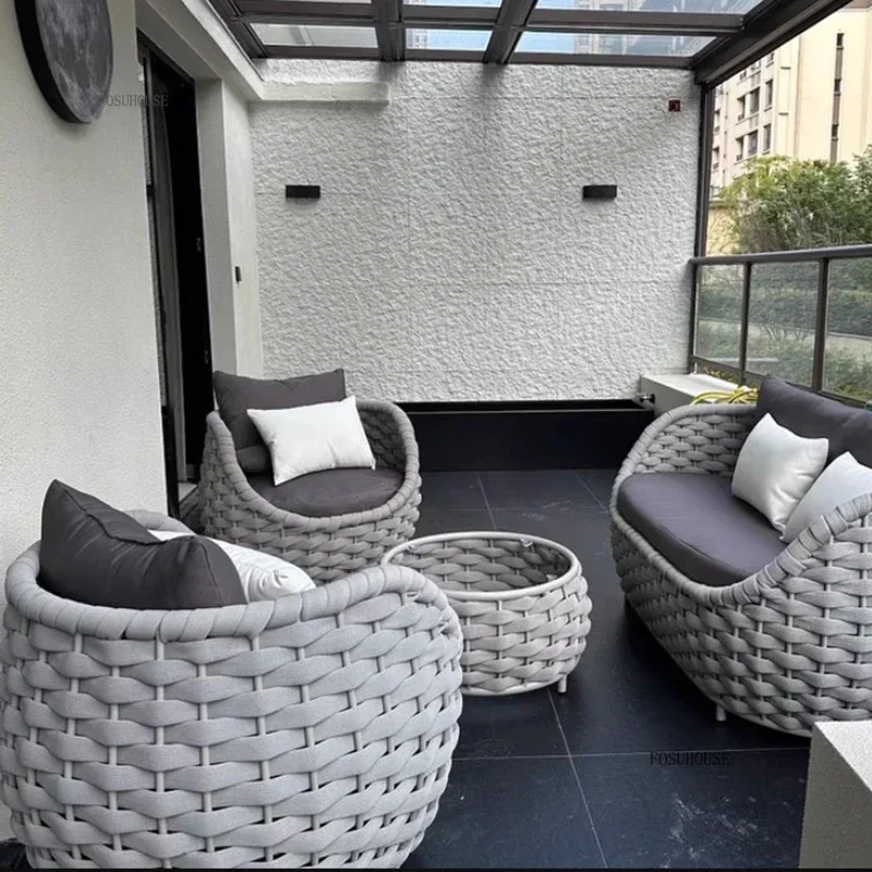 Sofá nórdico para exteriores, muebles de mimbre para patio, Villa sencilla y moderna, sofá de jardín de ocio, juego de mesa de centro para terraza y jardín al aire libre E
