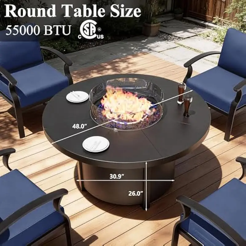 48 Inch Round Outdoor Gas Fire Pit Table with 55000 BTU Auto-Ignition Burner Steel Top Adjustable Flame Wind Guard Glass Shield