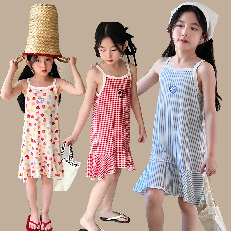 Girls Summer Spaghetti Strap Dress Polka Dot Stripe Plaid Ruffle Hem Casual Beach Sundress Kids 3-10Y