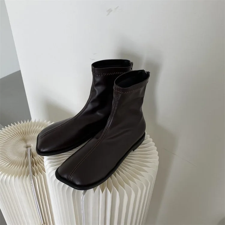 Soft PU Leather Boots Women Spring Autumn Shoes Square Toe Back Zip Botas Femmes Mid-Calf Botines Low Heels Chelsea Bottes Mujer