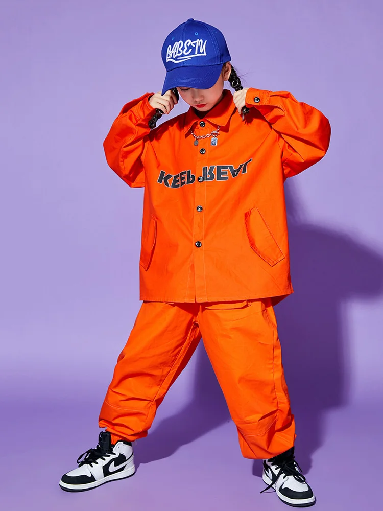 女の子オレンジヒップホップ服プリントジャケットトップカーゴパンツ子供男の子ジャズダンス衣装服