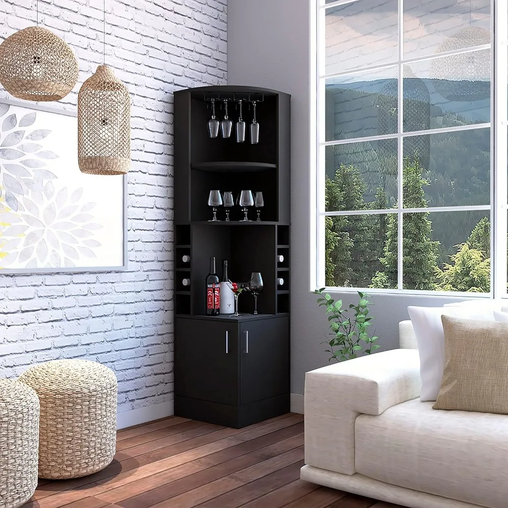 

Corner Bar Cabinet Glass Rack Double Door Eight Wine Cubbies Black Modern Contemporary MDF Includes Hardware
