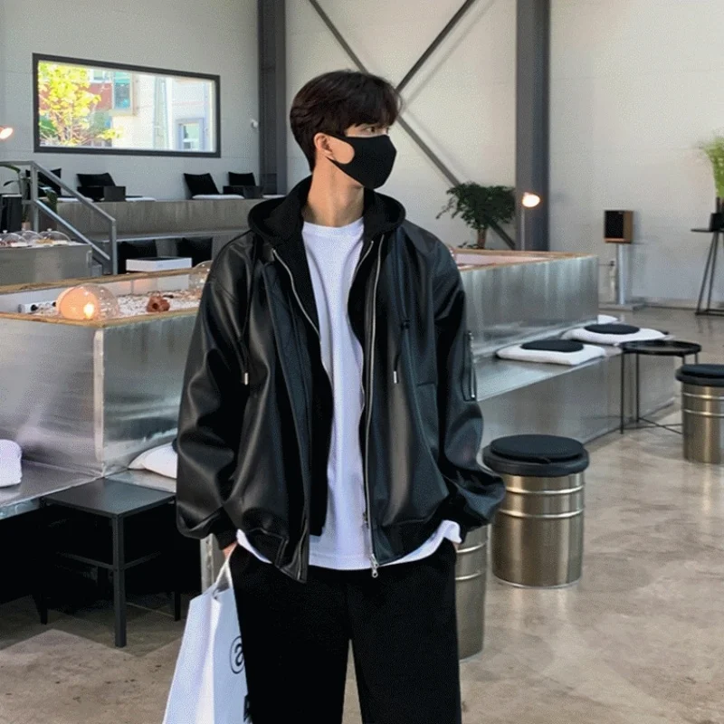 

Men's Vintage Hooded Biker Jacket PU Leather Coat American Style Motorcycle Outerwear Water-Resistant Windproof Streetwear Retro