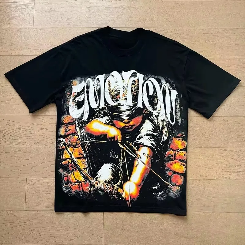 2026 Men Vintage Angel Cloud Piano Graphic T Shirt Back Print Crew Neck Short Sleeve Tees Black Oversized Streetwear Cotton Tops
