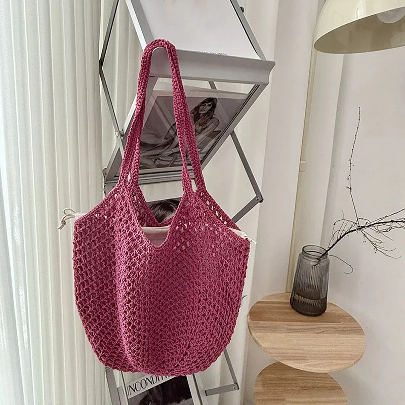 Leisure Large Capacity Cotton Woven Bag Women's Shoulder Bags Casual Straw Wicker Woven Ladies Beach Hollow Tote Bag