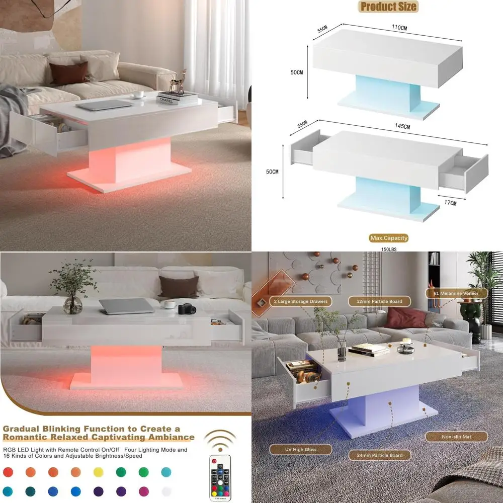 

Modern Rectangular High Gloss White LED Coffee Table with Storage Drawers for Living Room