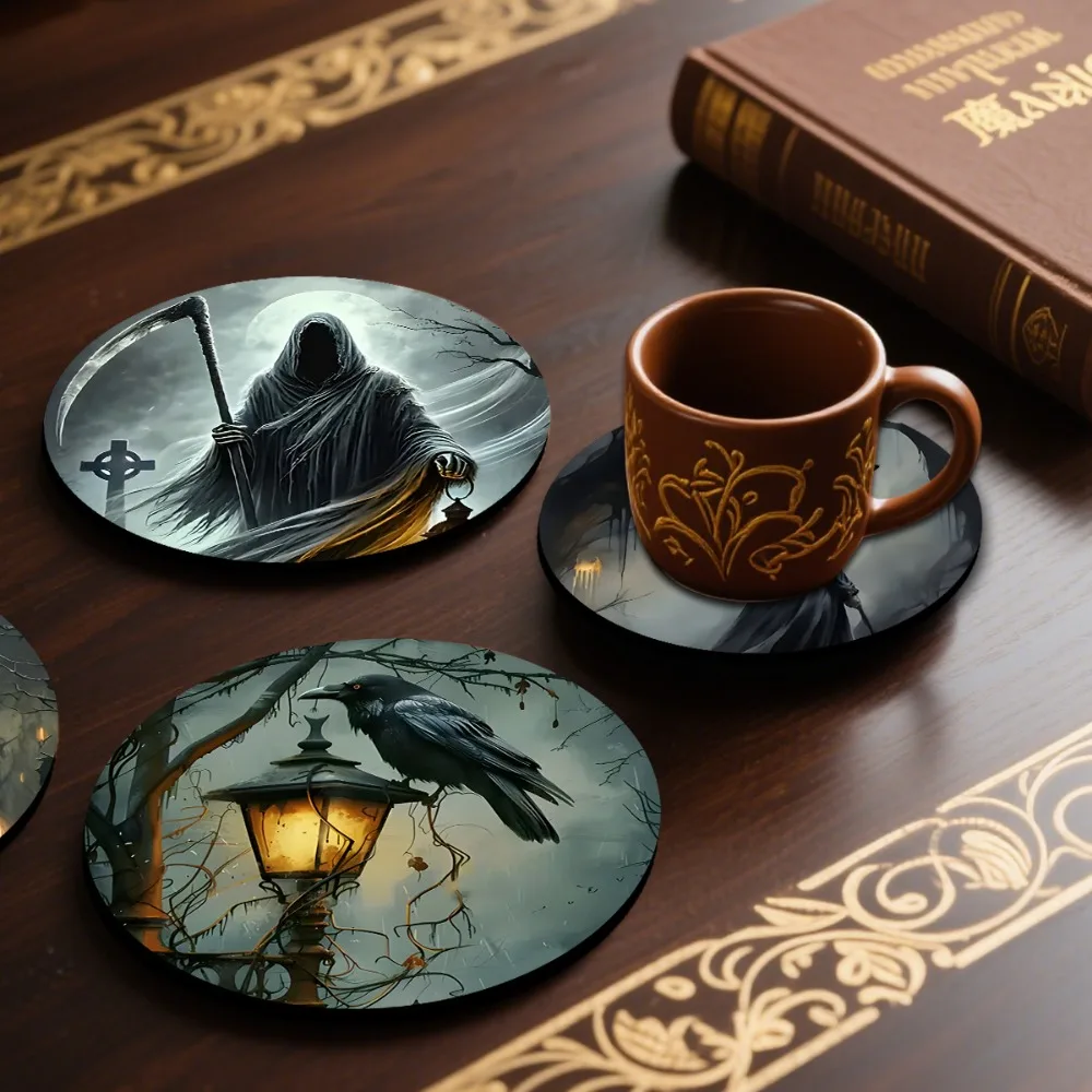 

6pcs/set Durable Wooden Halloween Witch Coaster Set Round Heat Resistant Cup Mat Thickened Non-Slip Cup Holder Office