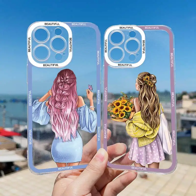 Pretty Girl Clear Phone Case For iPhone 11 12 13 Pro Max 15 14 Pro Max Plus X XS XR 7 8 Plus SE 2020 Transparent Back Cover Capa