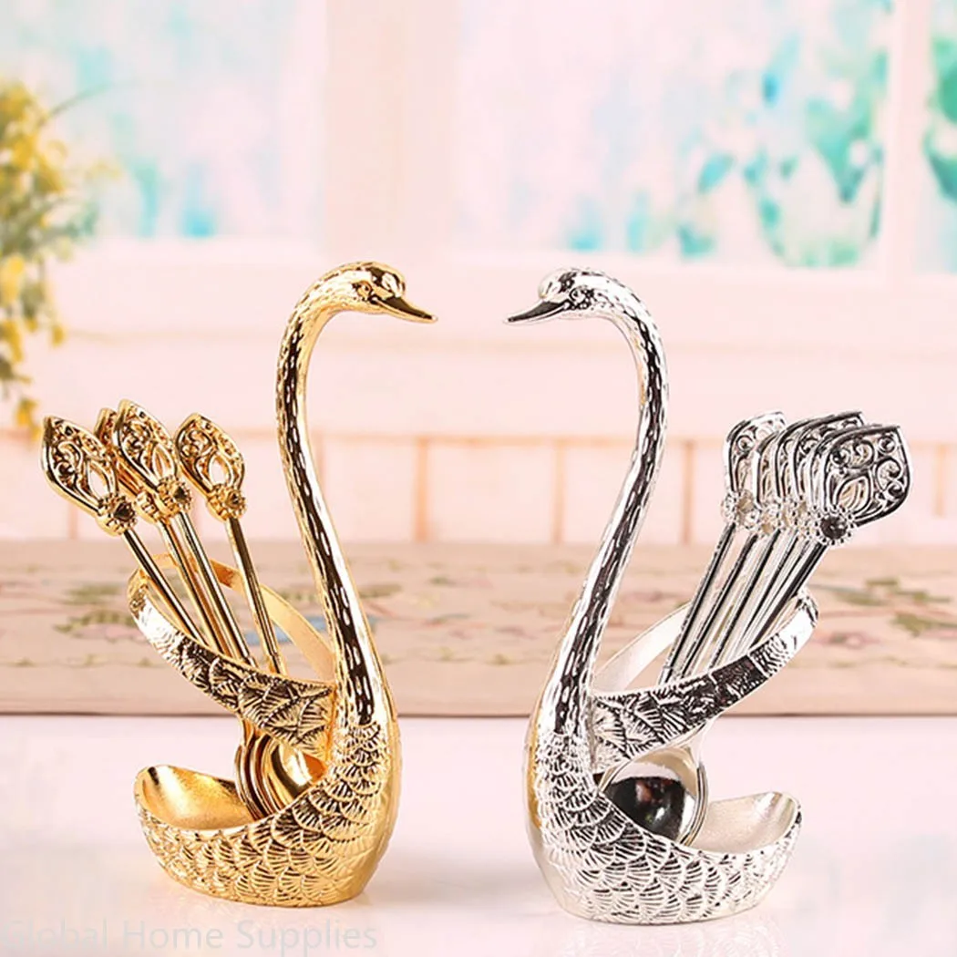 Ice Cream Cake Coffee Tea Stirring Spoons Dessert Swan Holder Cutlery Spoons Set Cutlery Kitchen Tableware 1 Set of 7 Pieces