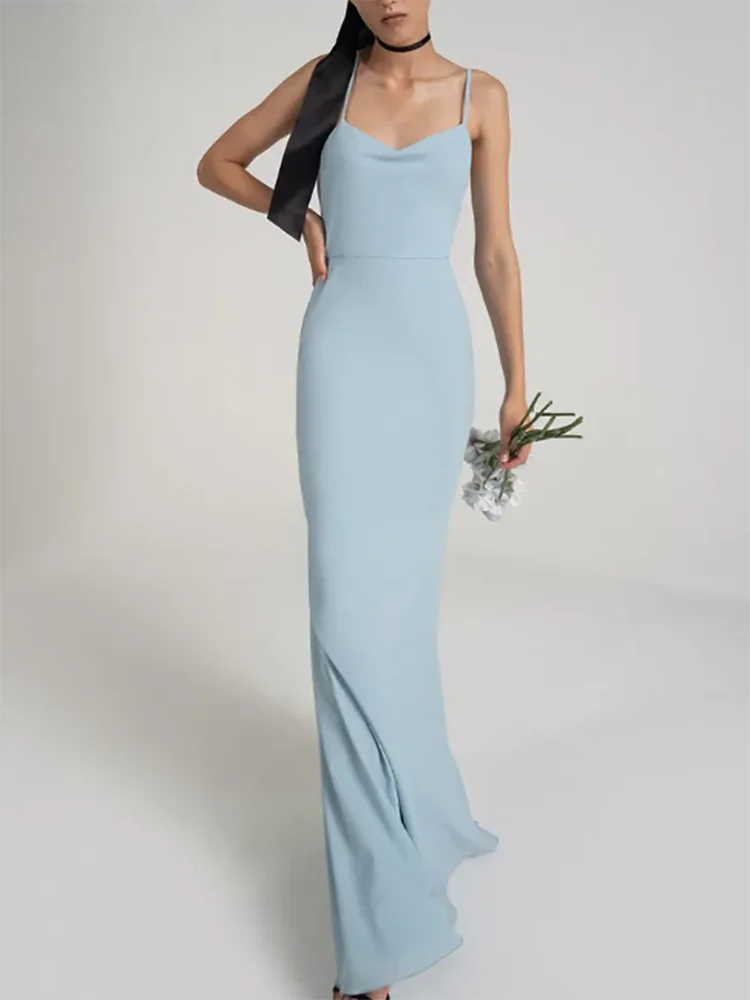 Bridesmaid Dress Sky Blue Spaghetti Strap Chiffon Sleeveless Floor-Length Sweep Train Open Back Wedding Guest Gowns 2023 New