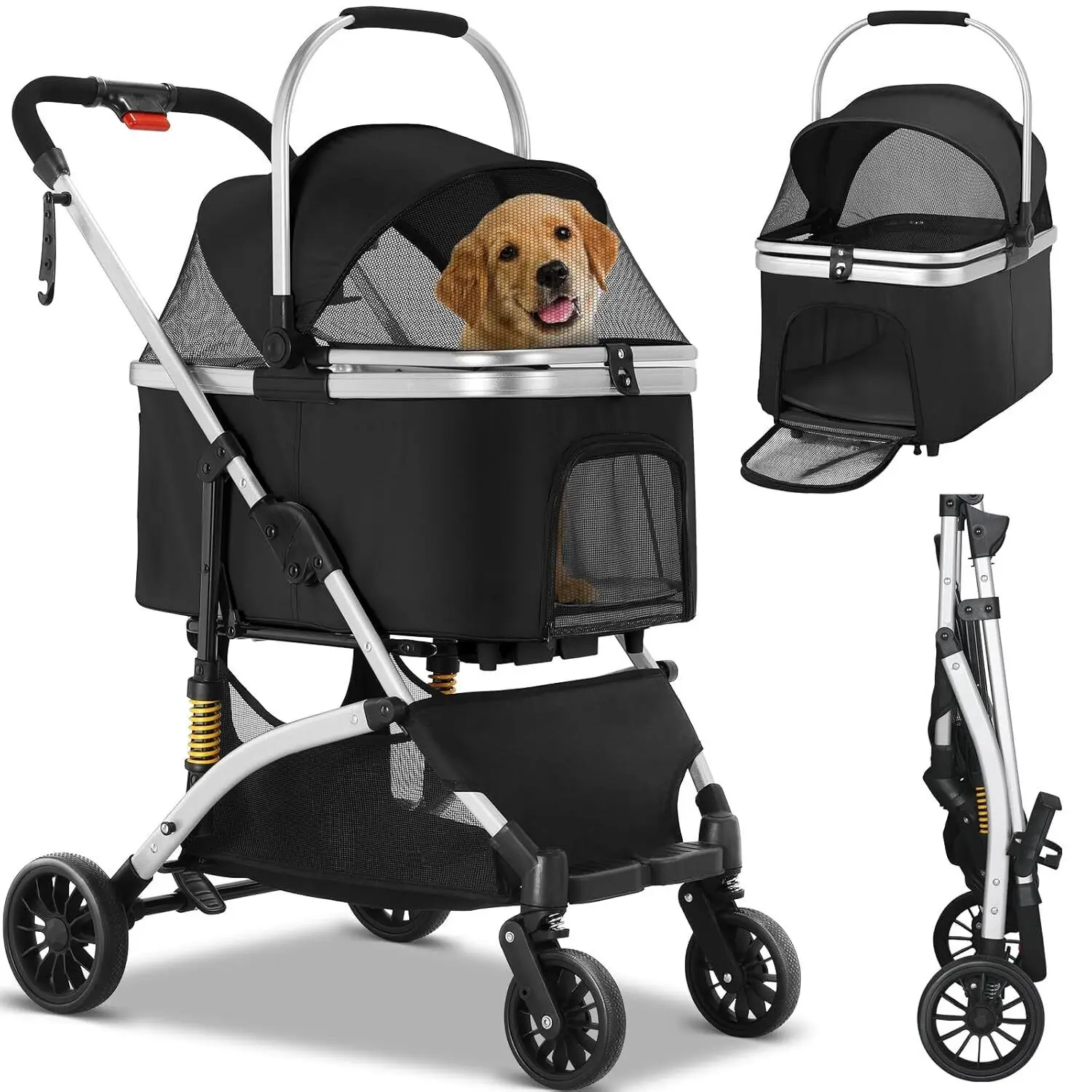 4in1 kinderwagen voor huisdieren Afneembare reistas en autostoeltje, aluminium frame 4-wieler reiskinderwagen voor hond en kat