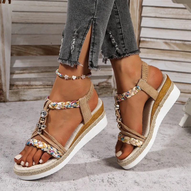 

Large 36-43 Wedge Heel Sandals for Women in Summer 2025, New Thick Soled Elastic Band Casual Beach Sandals Womens Shoes
