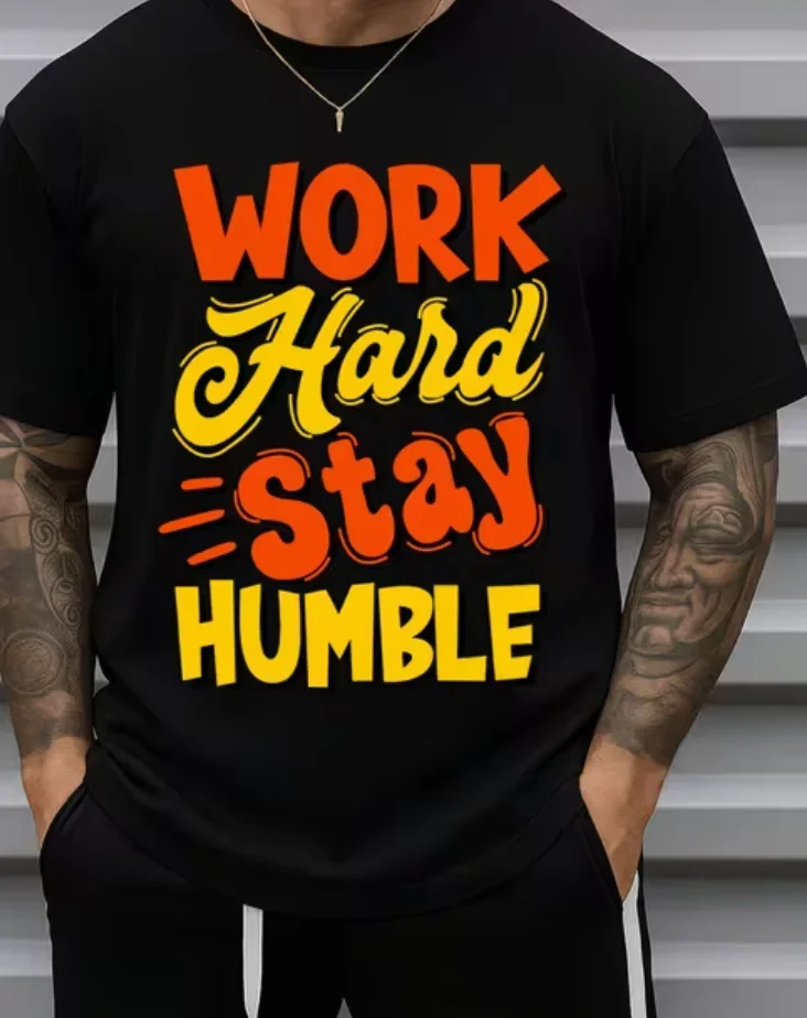 Work Hard Stay Humble Loose-Fit T-Shirt, Casual Crew Neck, Short Sleeve, All-Season Wear Patterned, GREENINK, Plus Size