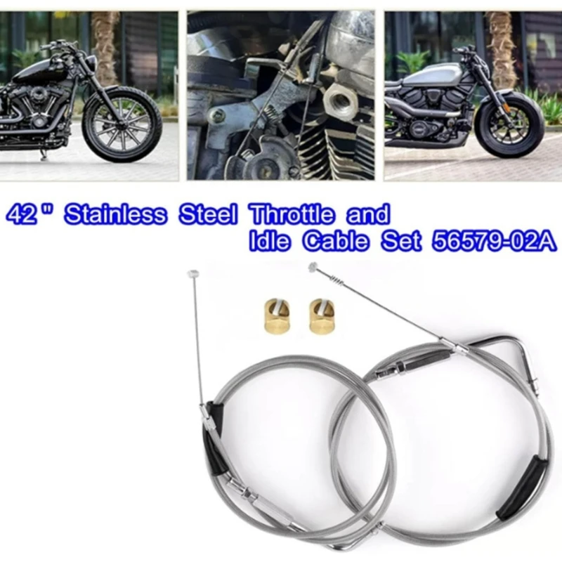 Stainless Steel Idle Cable Motorcycle 42'' Throttle and Idle Cable Set with 90° Elbow Fitting for Davidson FXST FLST FLT