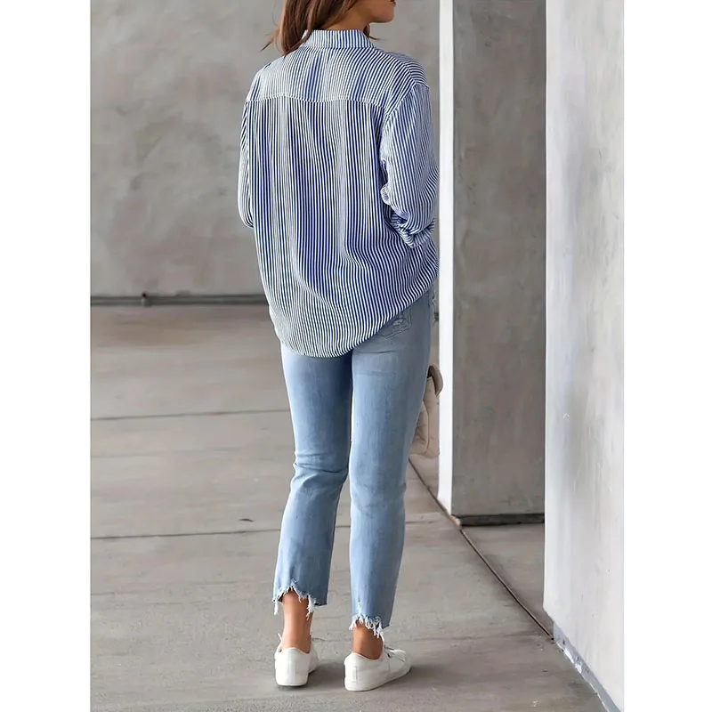 2025 Autumn Streetwear Vintage Long Sleeve Blouses Female Casual Loose Single-Breasted Shirts Classic Blue Striped Shirt Women