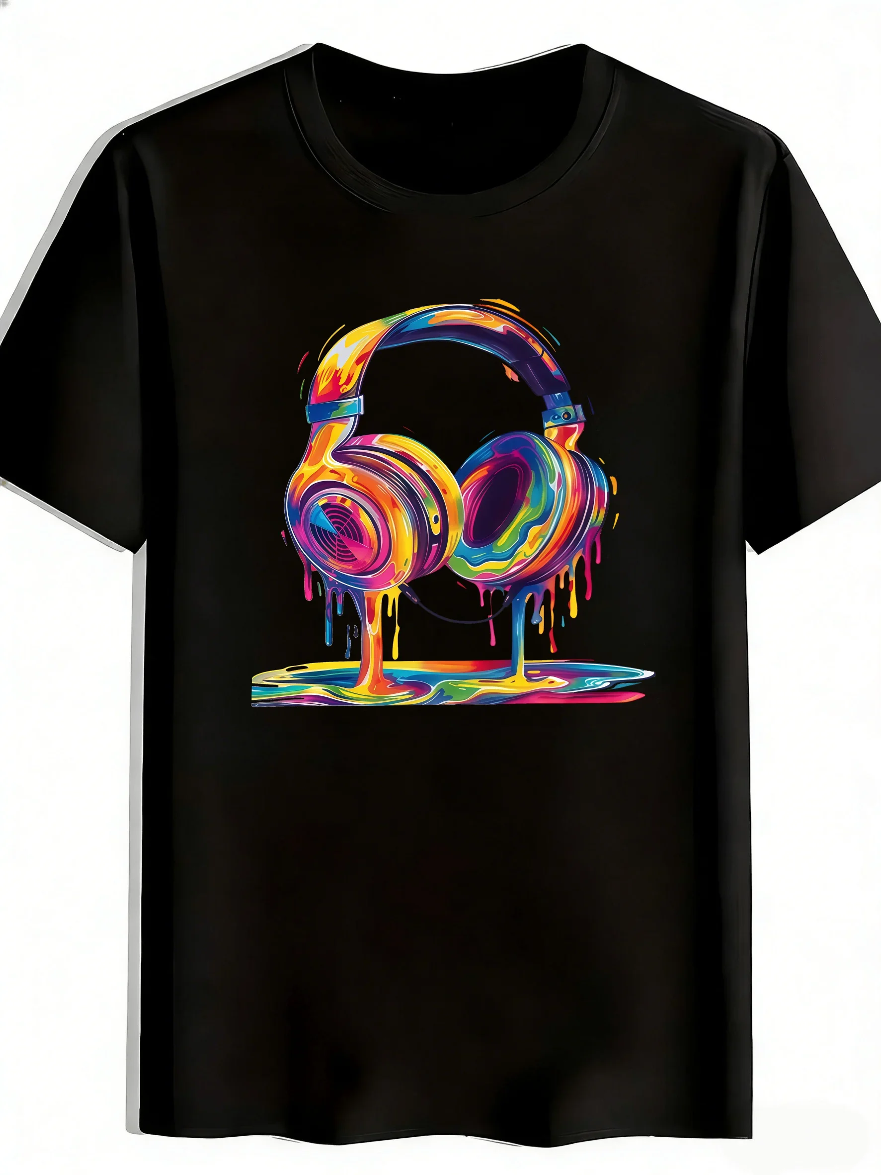 2026 Ink Splatter Headphone Print T-Shirt, Polyester Round Neck Tee. Streetwear for Gym, Festivals & Summer Wear, Regular Fit